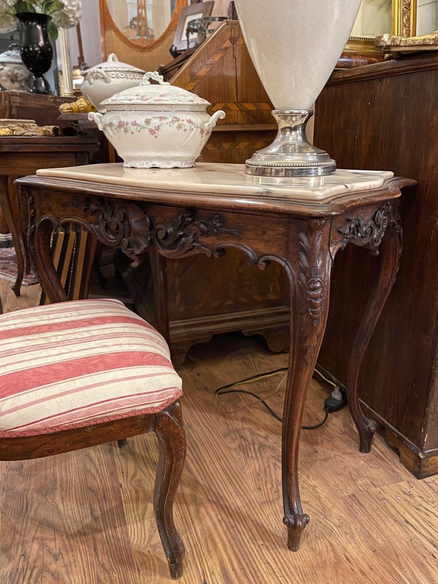 Tuscan Coffee Table From The Late 19th Century, Louis Philippe Style, In Walnut Wood And Marble