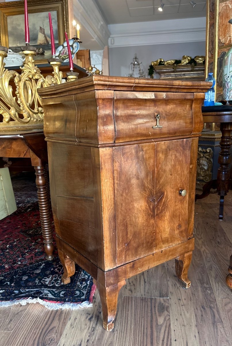 Bedside Table With Drawer And Door, In Walnut Wood And Briar Veneer. Veneto Early 19th Century.