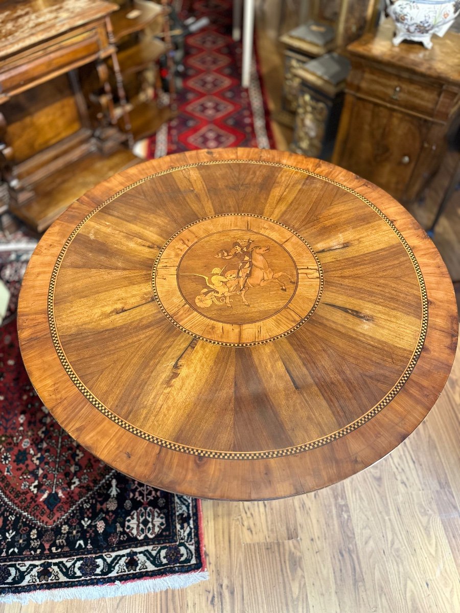 Round Dining Table In Walnut Wood With Circular Inlays In Maple, Walnut And Ebony.-photo-3