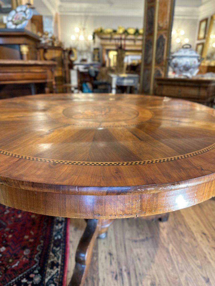 Round Dining Table In Walnut Wood With Circular Inlays In Maple, Walnut And Ebony.-photo-4