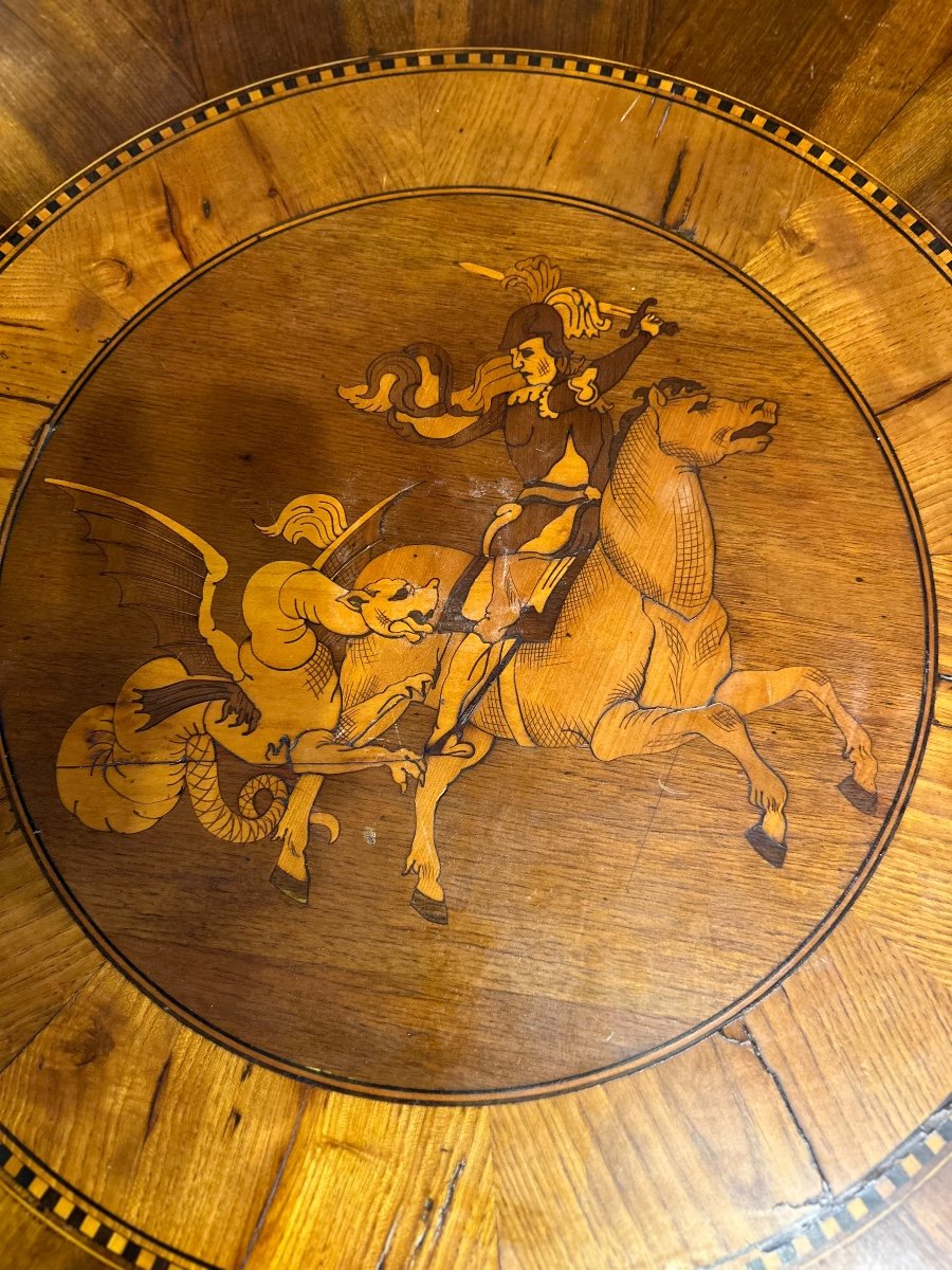 Round Dining Table In Walnut Wood With Circular Inlays In Maple, Walnut And Ebony.-photo-2