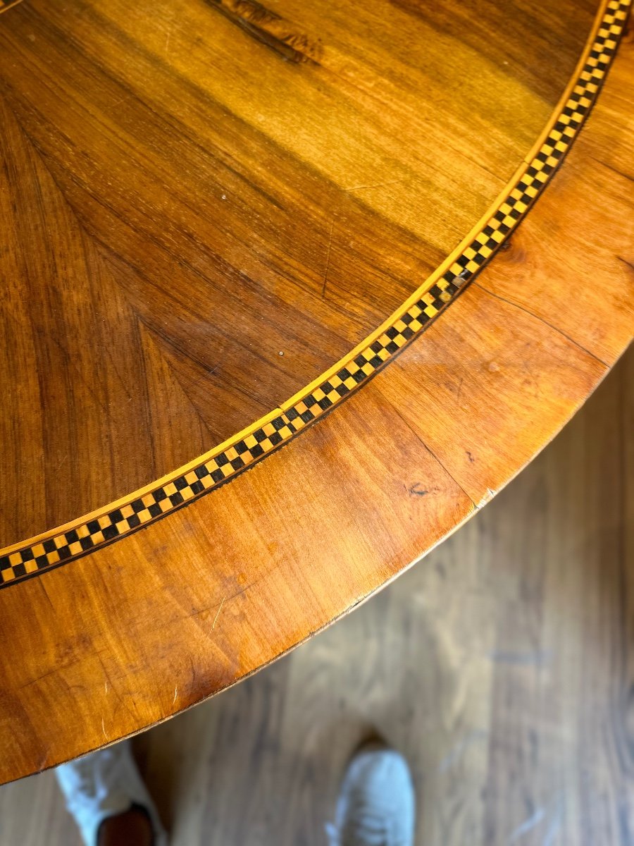 Round Dining Table In Walnut Wood With Circular Inlays In Maple, Walnut And Ebony.-photo-3