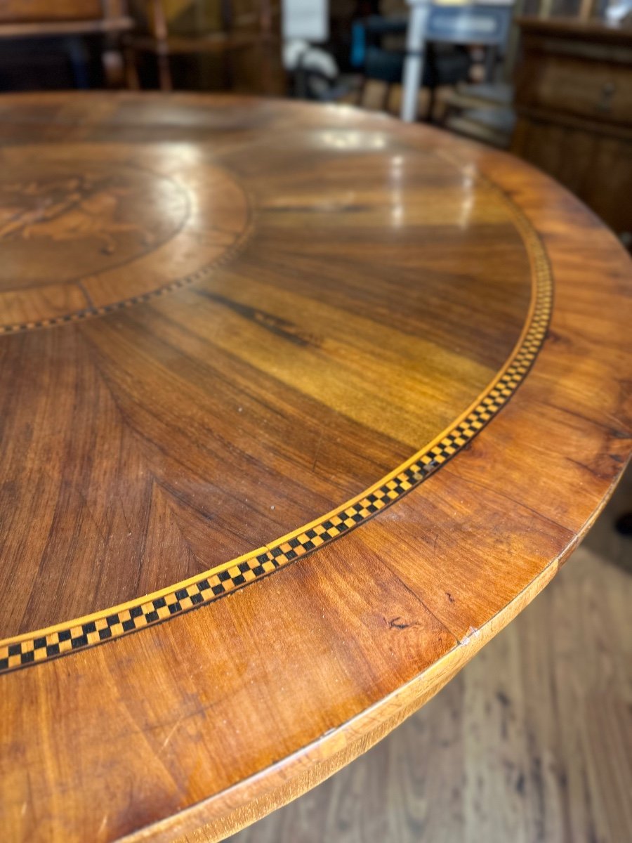 Round Dining Table In Walnut Wood With Circular Inlays In Maple, Walnut And Ebony.-photo-4