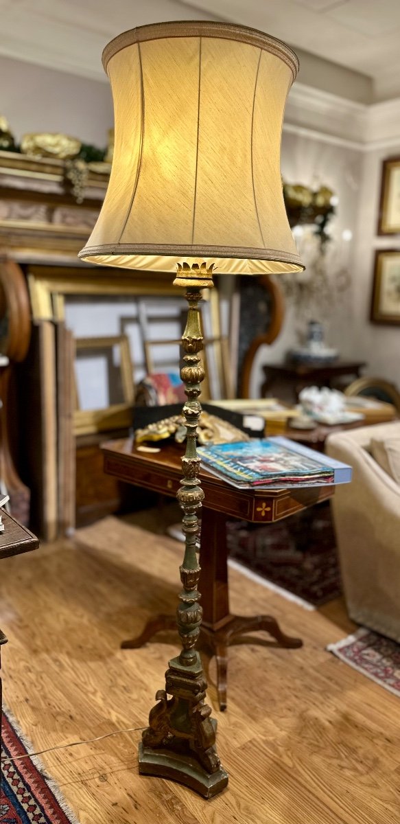 Early 19th Century Wooden Torch, In Lacquer And Gold With Fabric Lampshade.