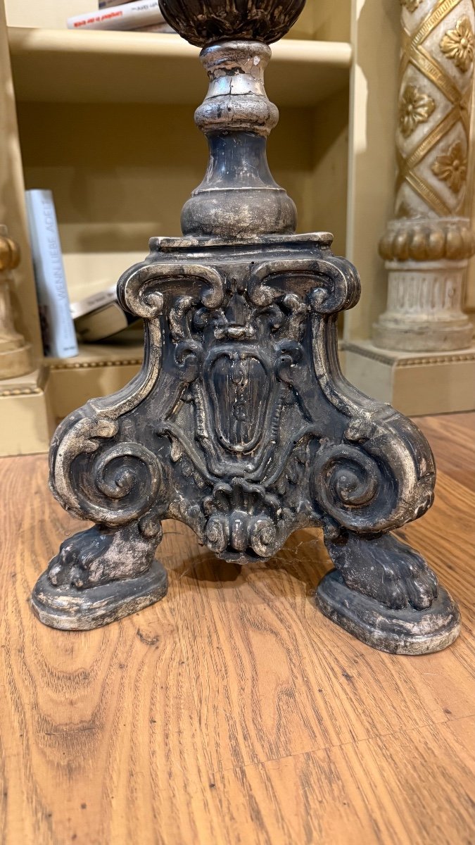 Carved Wooden Candlesticks, Silver Leaf, Genoa, Late 18th Century-photo-2