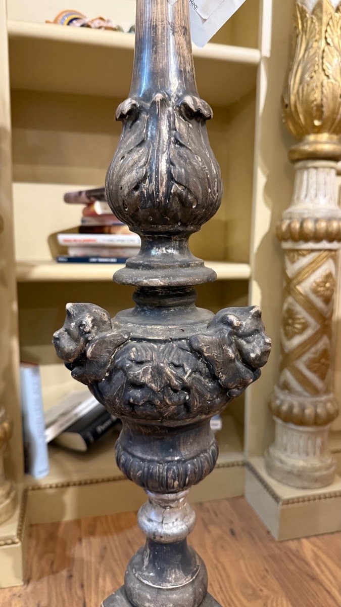 Carved Wooden Candlesticks, Silver Leaf, Genoa, Late 18th Century-photo-3