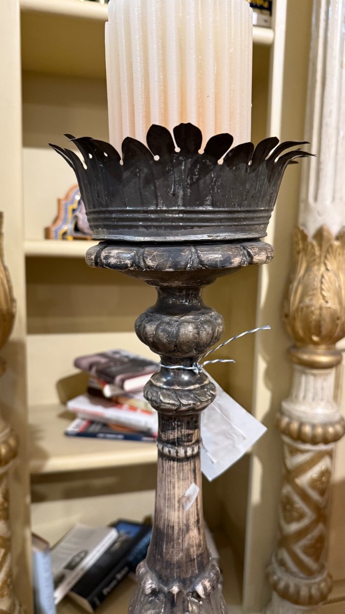 Carved Wooden Candlesticks, Silver Leaf, Genoa, Late 18th Century-photo-4