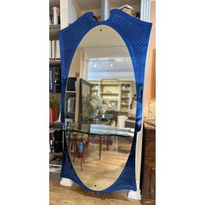 Mirror With Frame In Colored And Ground Glass. Brass Details. Prod. Cristal, Italy, Ca. 1960