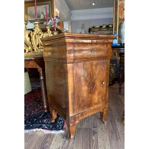 Bedside Table With Drawer And Door, In Walnut Wood And Briar Veneer. Veneto Early 19th Century.