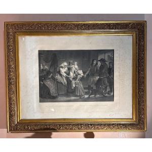 Painting Depicting A Lithograph Of A Family Scene, Gold Frame, France, Late 19th Century