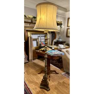 Early 19th Century Wooden Torch, In Lacquer And Gold With Fabric Lampshade.