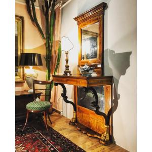 Console Biedermeier XIX  In Walnut And Veneered Walnut Briar With Maple Inlays And Gold Leaf.