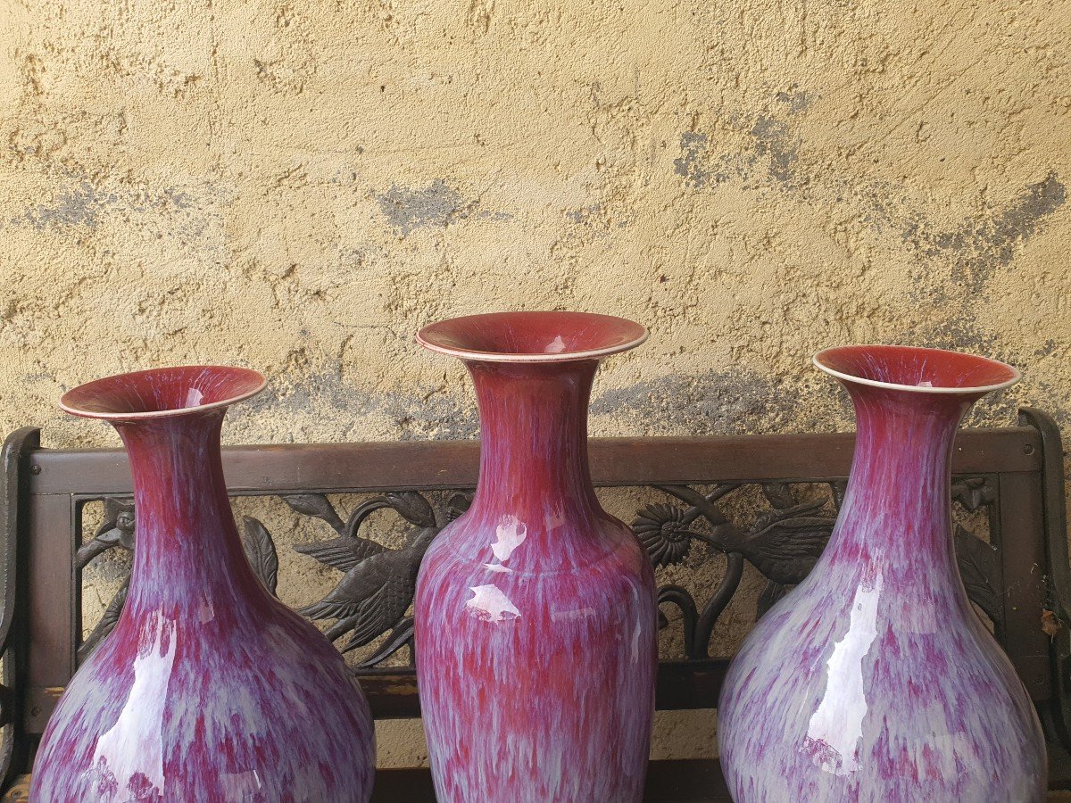  Chine Rouge Sang De Boeuf Ceramique 19e 3 Vases T/b-photo-3