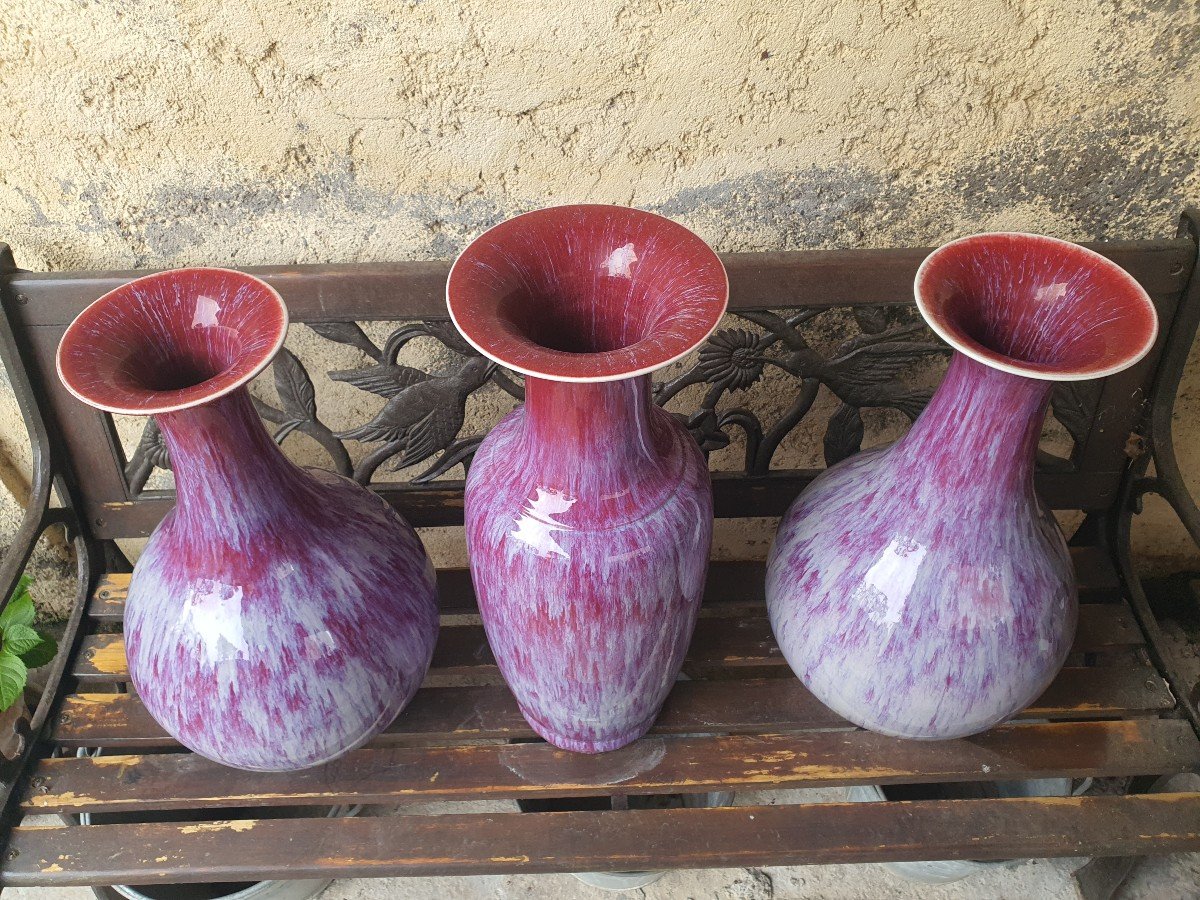  Chine Rouge Sang De Boeuf Ceramique 19e 3 Vases T/b-photo-4