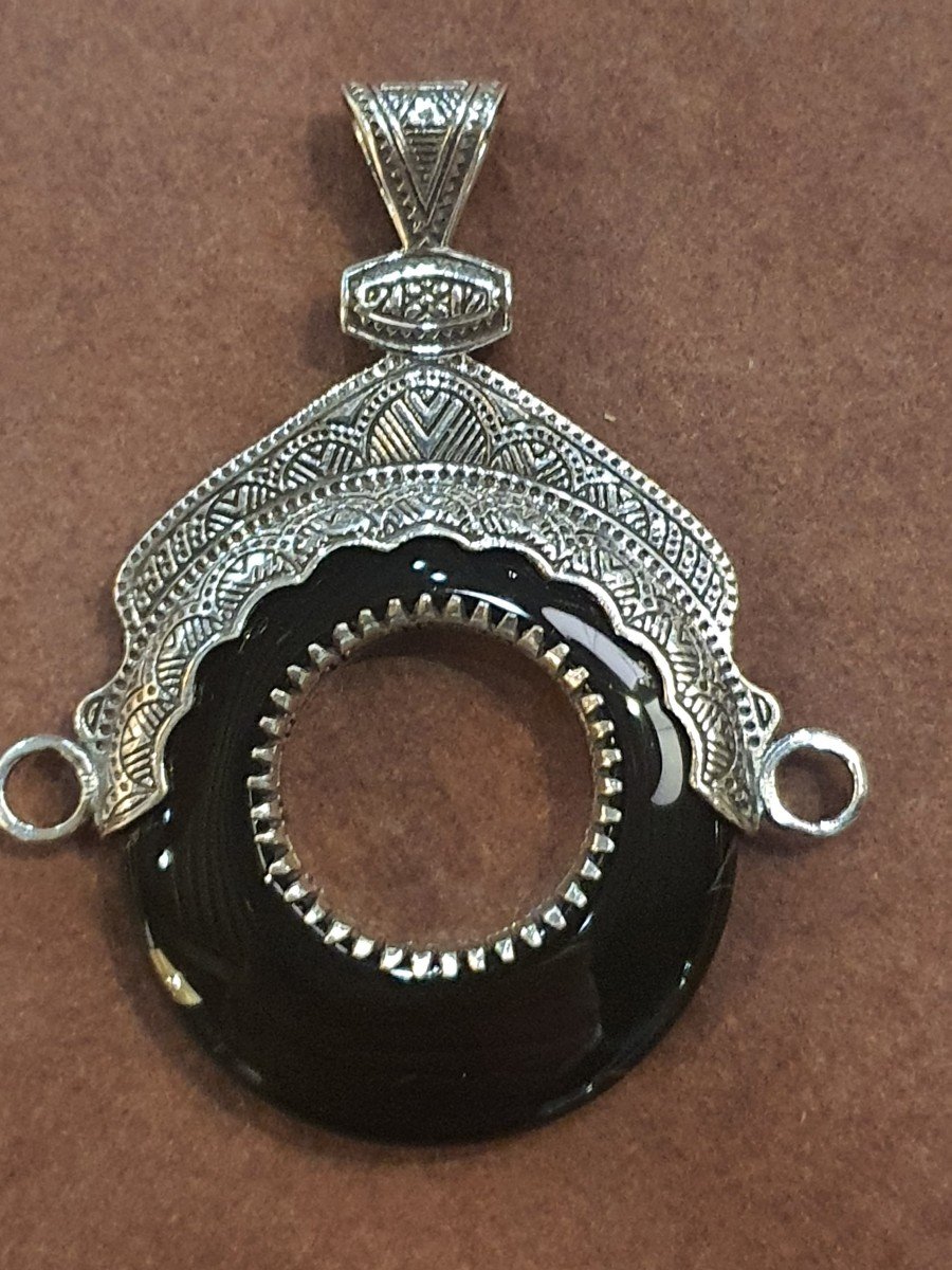 Antique Afganistan Onyx Sterling Silver Pendant-photo-3