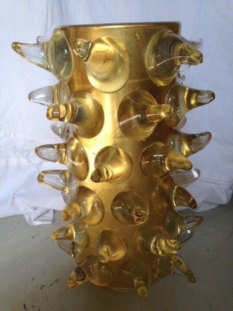 Monumental Golden Vase Signed Murano Italy