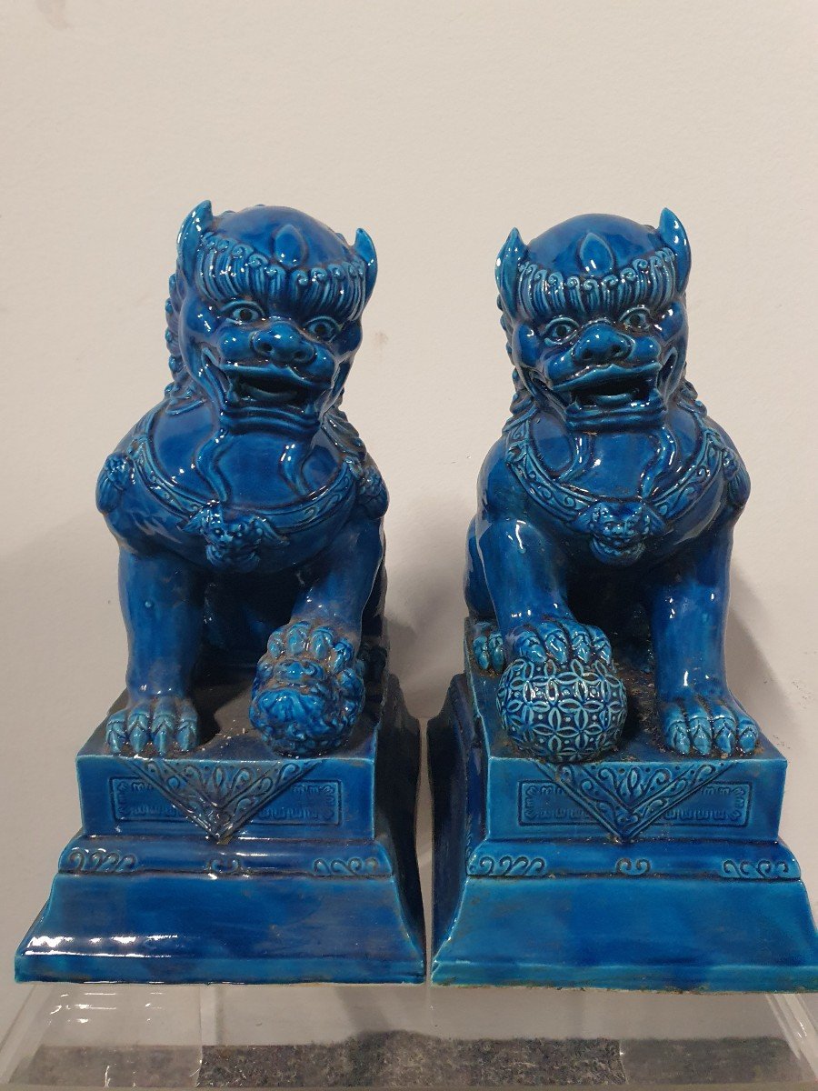 Paires De Fo Bleue En Porcelaines De Chine 