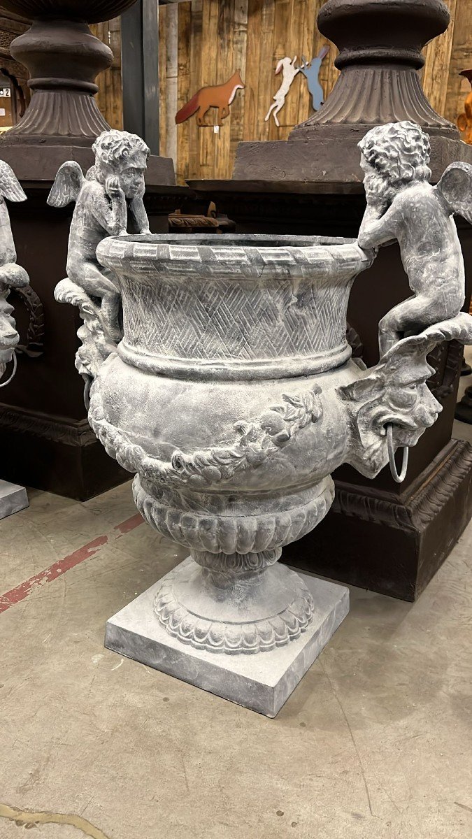 Pair Of Grey Cast Iron Medici Vases-photo-2