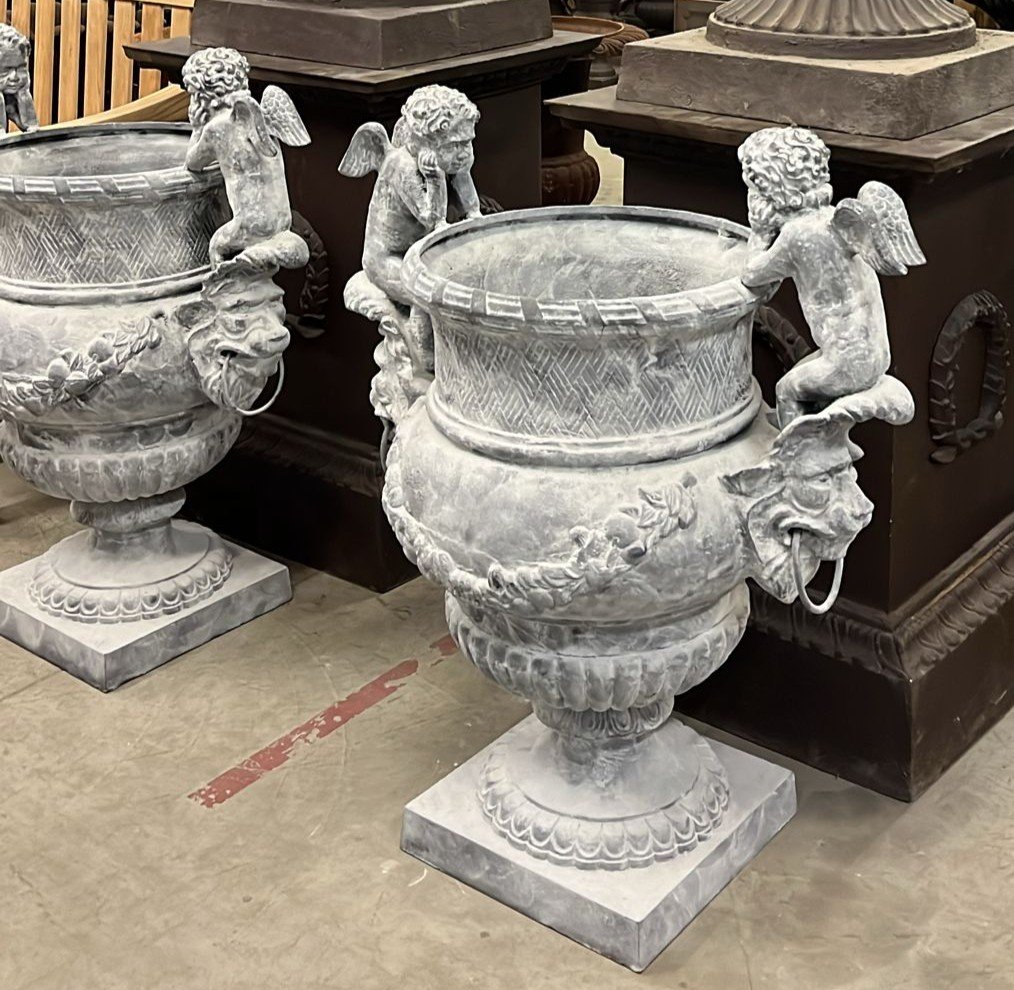 Pair Of Grey Cast Iron Medici Vases