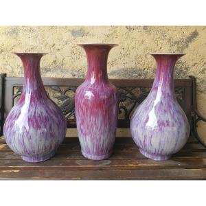  Chine Rouge Sang De Boeuf Ceramique 19e 3 Vases T/b