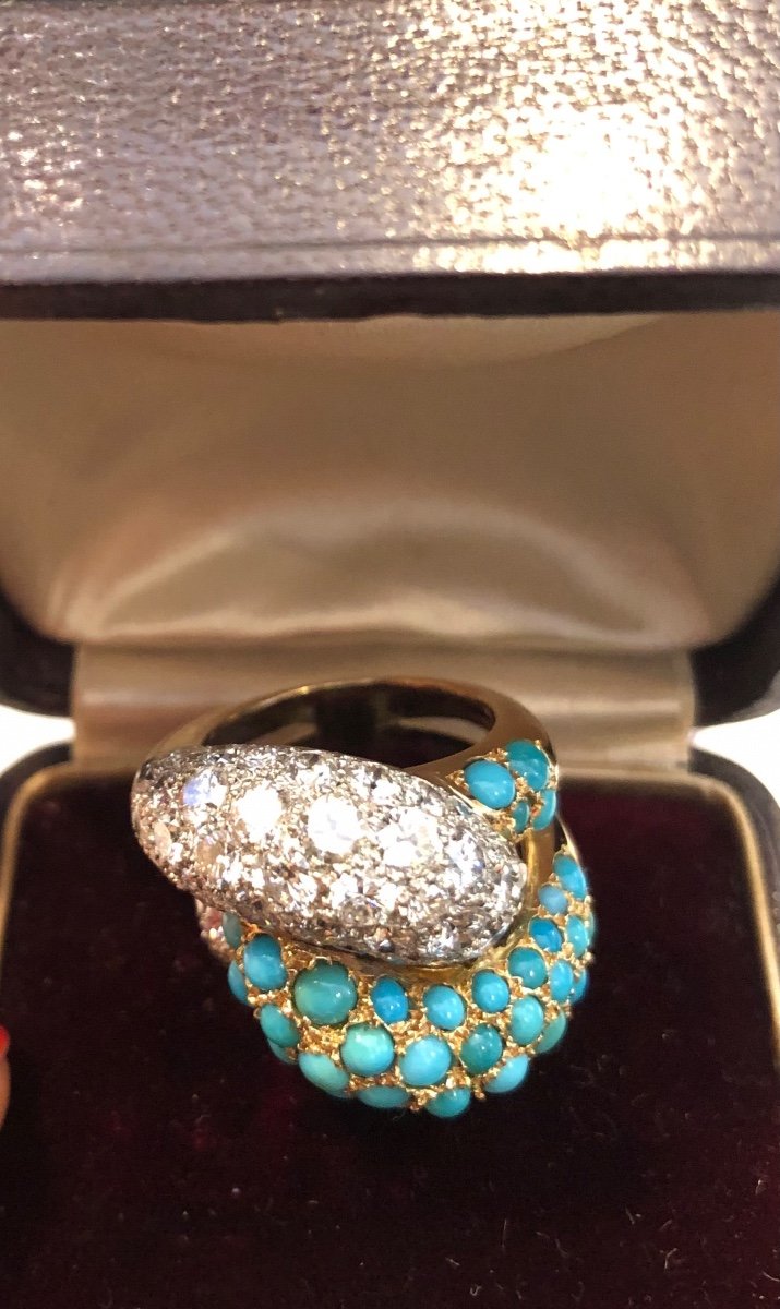 Yellow Gold Diamond And Turquoise Ring Circa 1960-photo-2