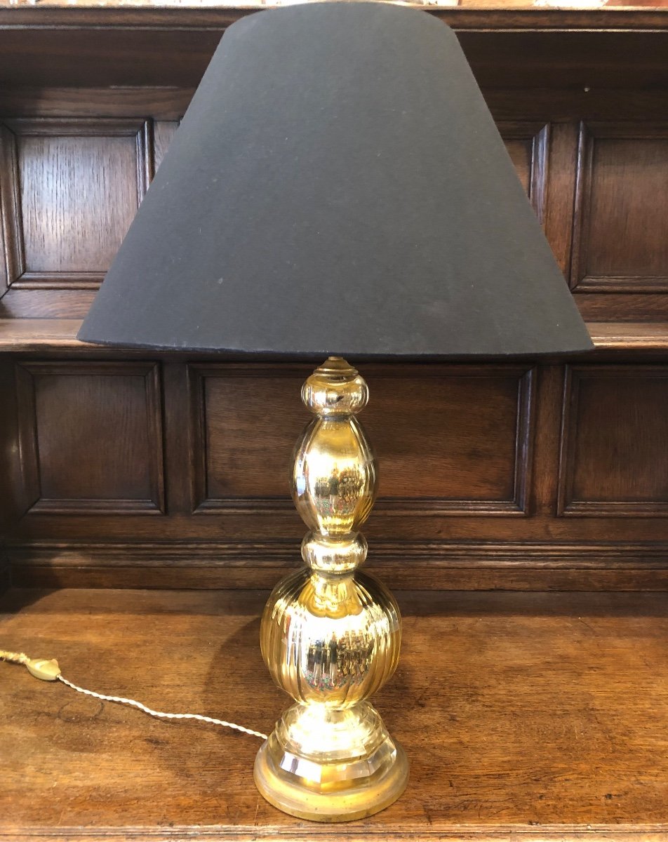 Grande Lampe en Verre Eglomisé Doré,milieu du XX ème Siècle 