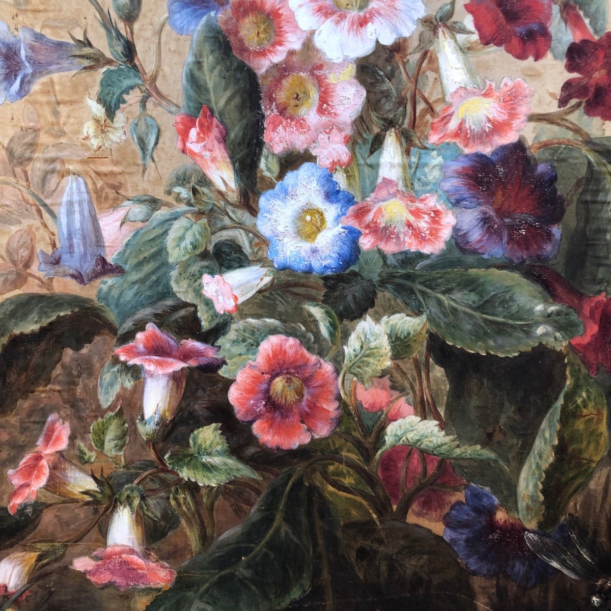 Painting Of Flowers, Painted Silk, Late 19th Century -photo-2