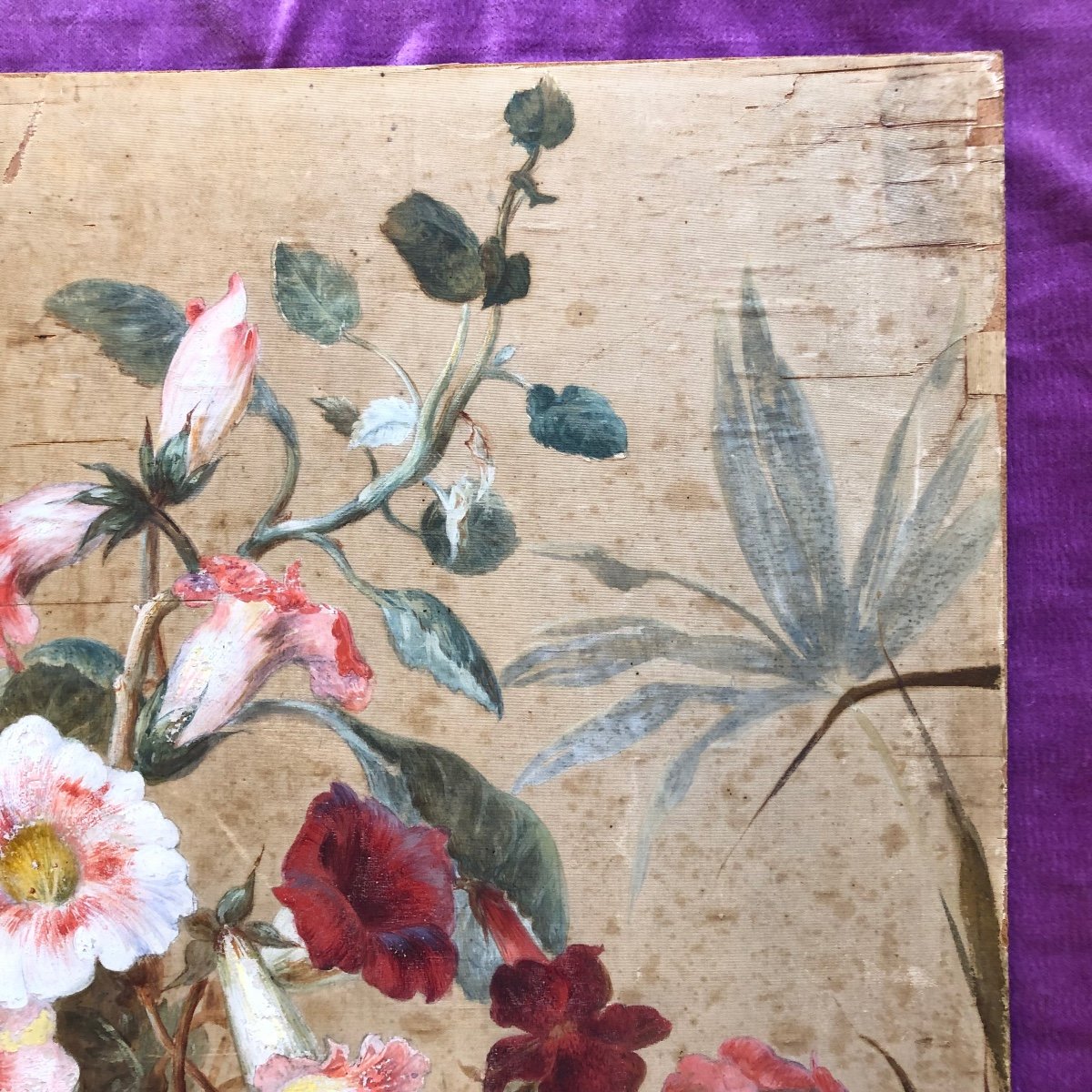 Painting Of Flowers, Painted Silk, Late 19th Century -photo-3