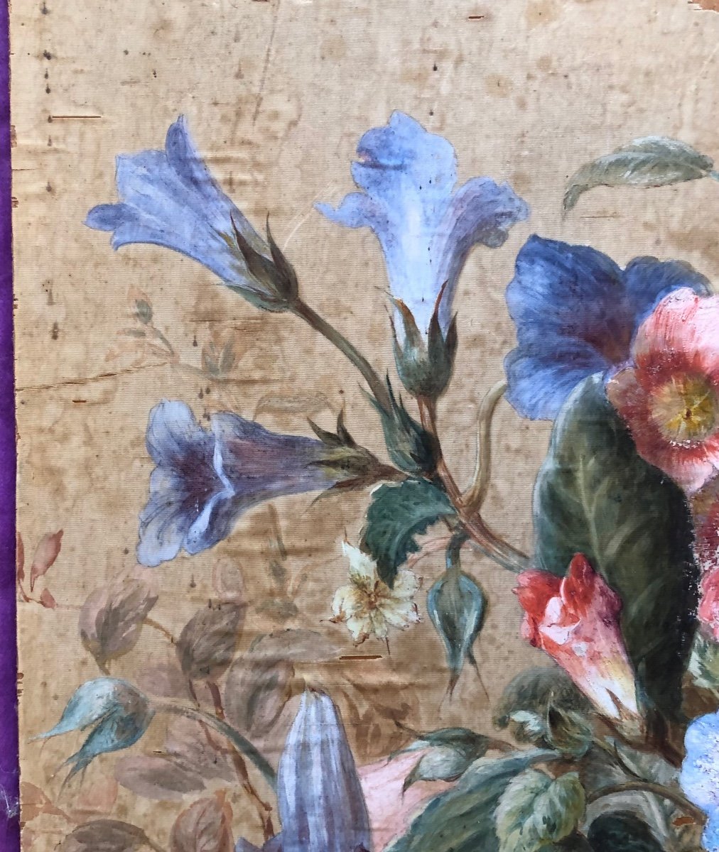 Painting Of Flowers, Painted Silk, Late 19th Century -photo-1