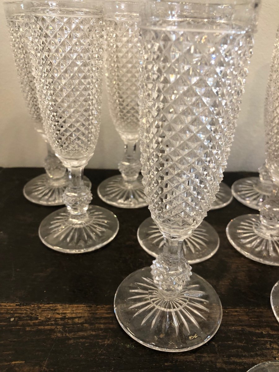 Set Of 12 Crystal Champagne Flutes, Baccarat Le Creusot, 19th Century -photo-4