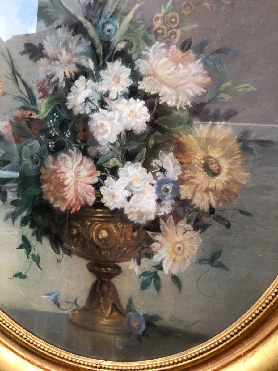 Large Oval Pastel, Bouquet Of Flowers, 19th Century -photo-2