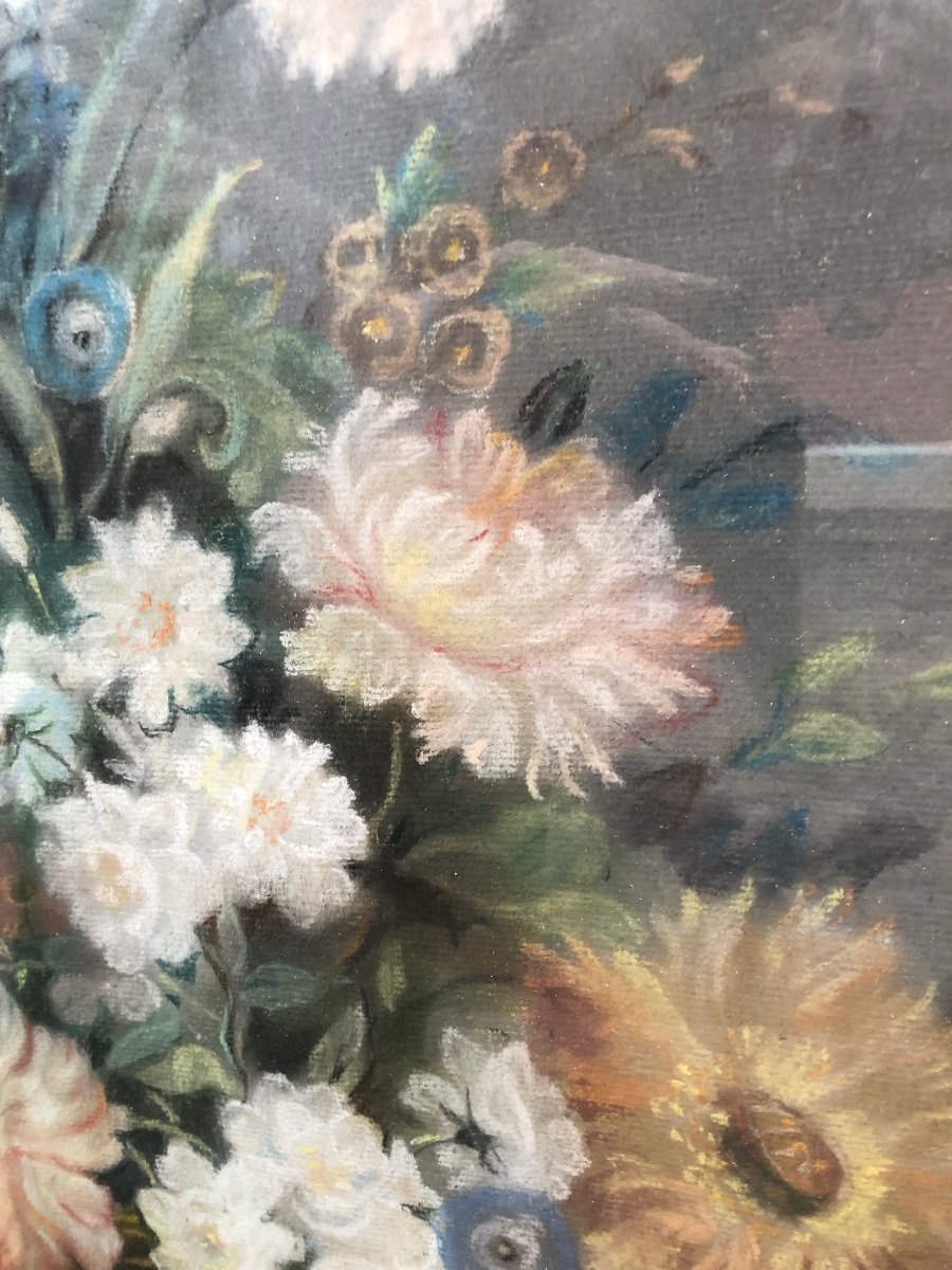 Grand Pastel Ovale ,bouquet de Fleurs,XIXème Siècle -photo-3