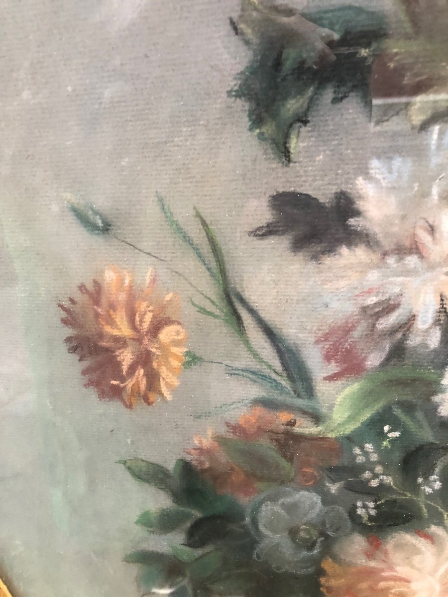 Grand Pastel Ovale ,bouquet de Fleurs,XIXème Siècle -photo-1