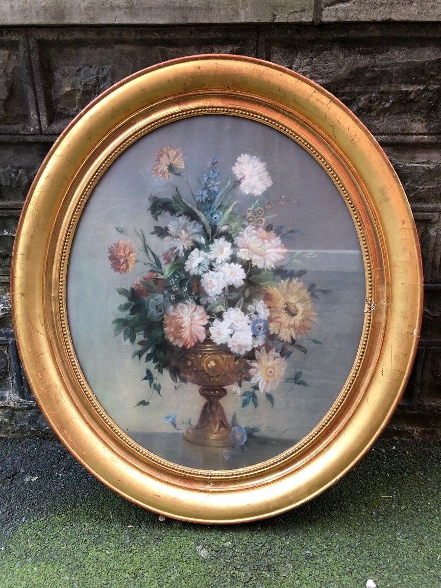 Large Oval Pastel, Bouquet Of Flowers, 19th Century 