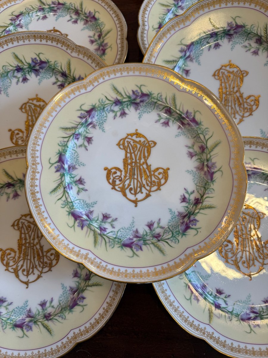 Série de 9 Assiettes en Porcelaine du Berry,Hache Pépin Lehalleur XIXeme Siècle 