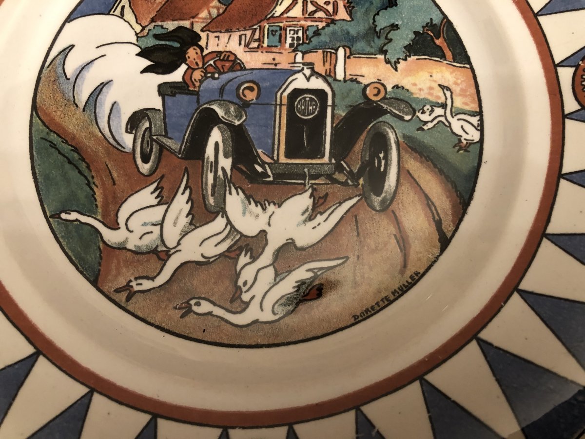 Series Of 3 Earthenware Plates From Sarreguemines, Mathis Strasbourg Automobiles, XXth Century-photo-3