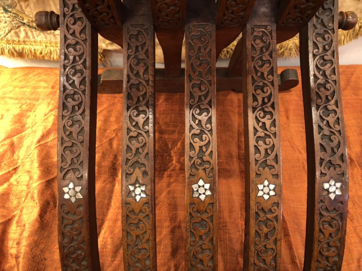 Folding Chair In Carved Wood, Syria, XIXth Century-photo-1