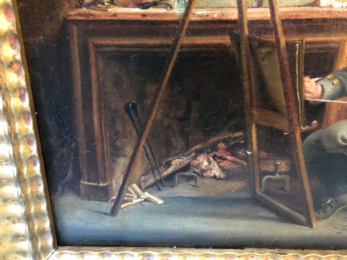 Table, Oil On Canvas, Painter In His Workshop, Early XIXth Century-photo-3