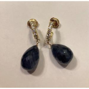 Paire de Boucles D’oreilles Or Jaune,saphirs Et Diamants,xx ème Siècle 