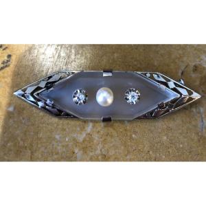 White Gold, Crystal, Diamonds And Pearl Art Deco Brooch Circa 1925