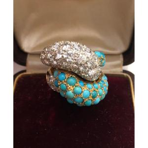 Yellow Gold Diamond And Turquoise Ring Circa 1960