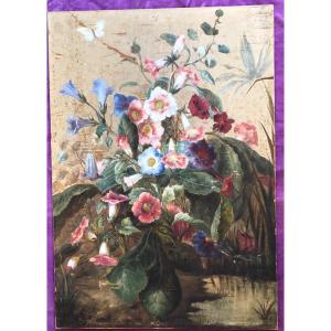 Painting Of Flowers, Painted Silk, Late 19th Century 
