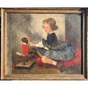 Painting, Oil On Canvas, Little Girl And Her Automaton, Early 20th Century.