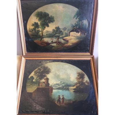 Pair Of Landscape Paintings And Children Games