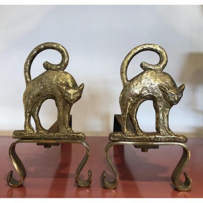 Pair Of Andirons, Cats, Twentieth Century