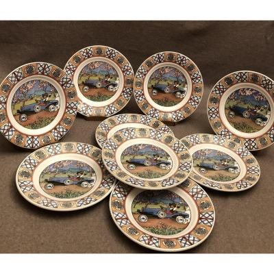 Series Of 9 Earthenware Plates From Sarreguemines, Mathis Strasbourg Cars, Early Twentieth