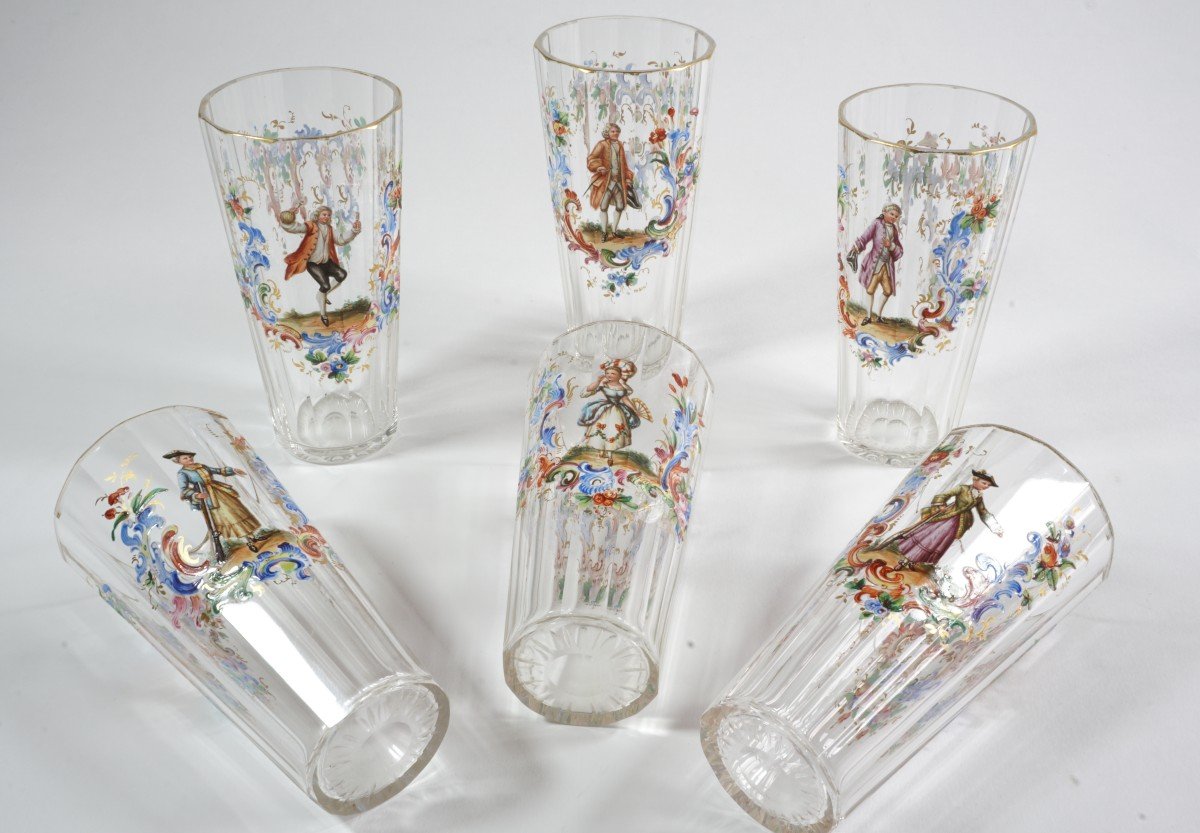 6 verres émaillés décor 18° siècle cristal de Bohème Lobmeyr Vienne ?-photo-2