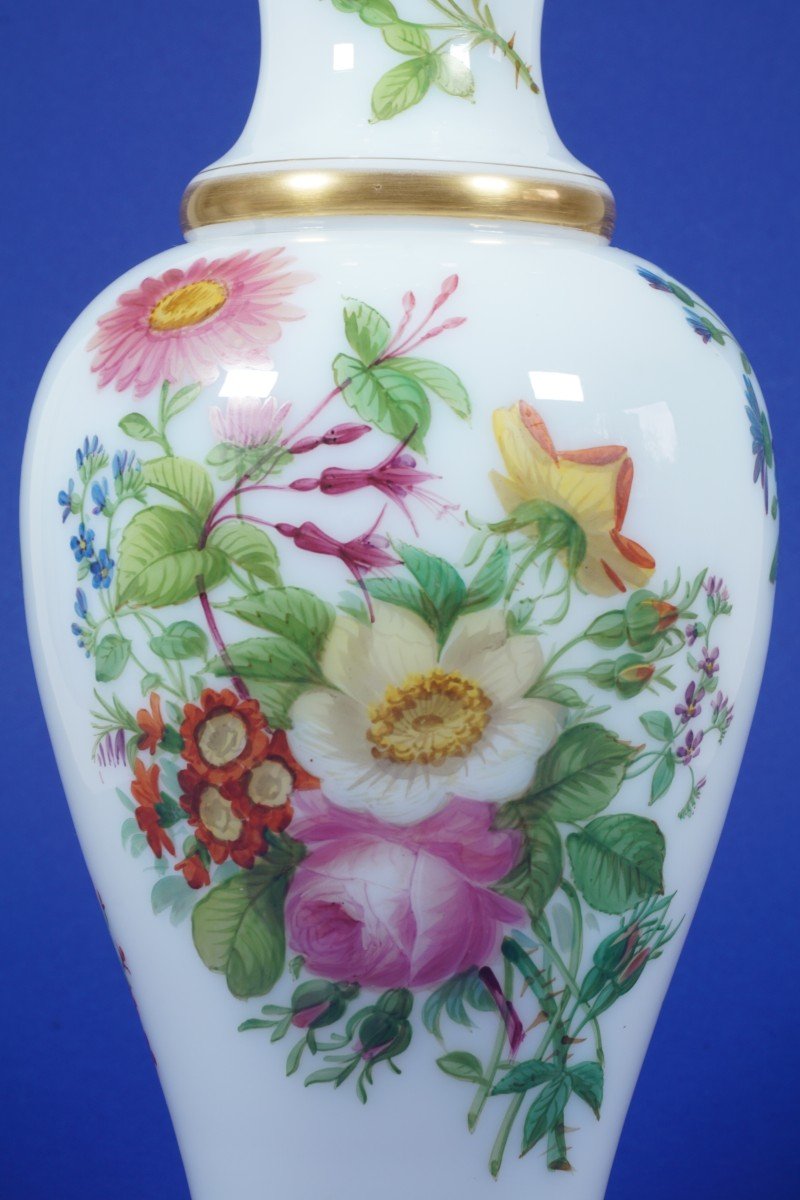 Vase cristal d' opale, opaline peint de fleurs XIX,  Baccarat?-photo-3