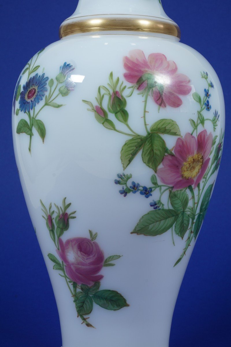 Vase cristal d' opale, opaline peint de fleurs XIX,  Baccarat?-photo-6