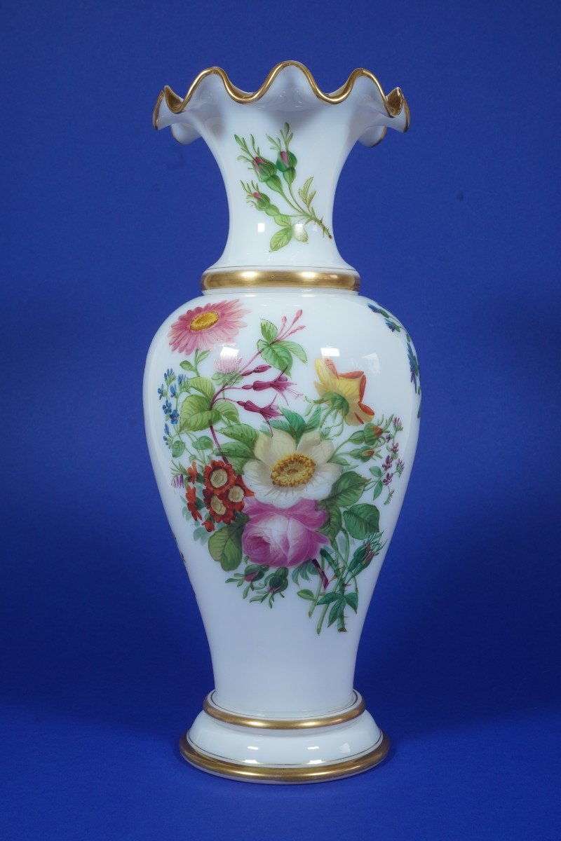 Vase cristal d' opale, opaline peint de fleurs XIX,  Baccarat?-photo-7